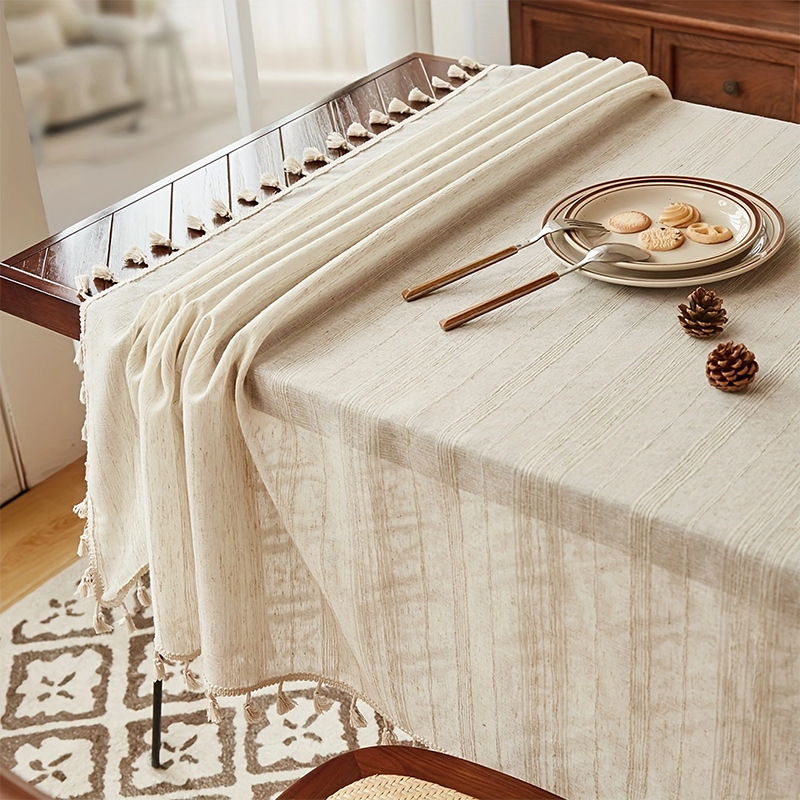 Amazon Explosions Japanese Striped Linen Tablecloth Simple Plain Tassel Ambient Decorative Fabric Dining Table Coffee Table