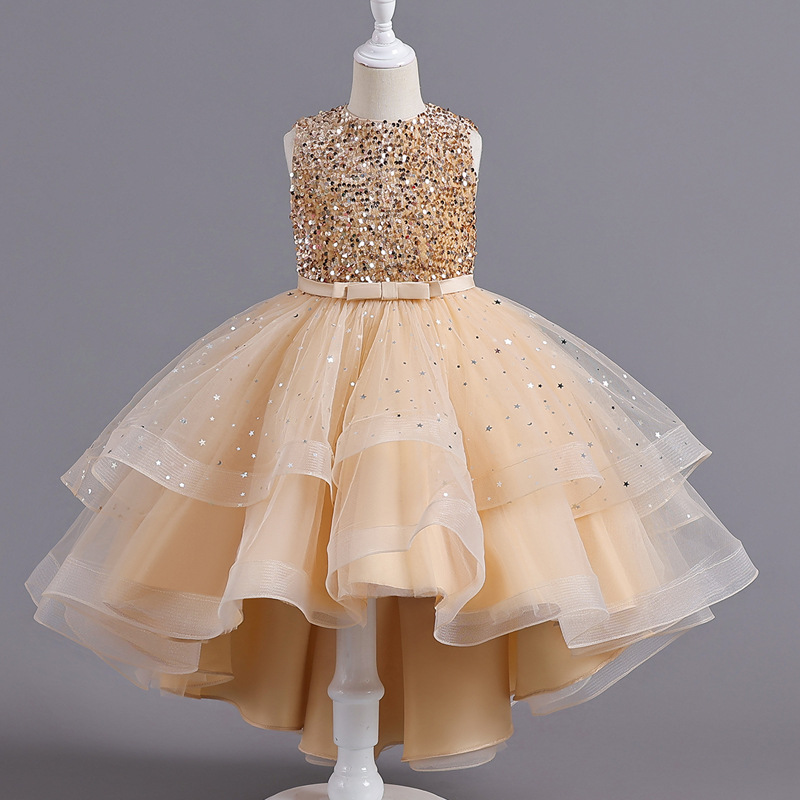 Picture of Girls Princess Dress Sleeveless Tail Dress Flower Girl Wedding Dress Tutu Skirt Kidsren Catwalk Piano Performance Evening Dress