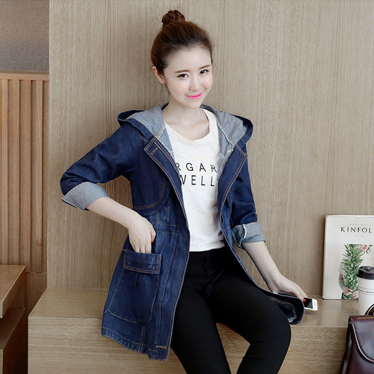 2020 Autumn and Winter New Korean Long Sleeve Hooded Denim Jacket Plus Size Women's Mid-length Slim-fit Trendy Coat