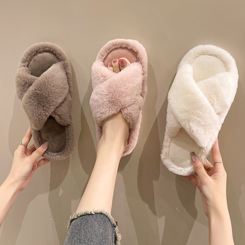 Cross-border foreign trade new home fashion solid color cross Mao Mao slippers women's autumn and winter warm floor open cotton slippers
