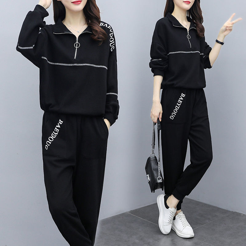 200 Jin plus size Women's Fat Sister suit Women's New Fall/Winter Loose Zipper Stylish Fashion Age-reducing Two-piece Set