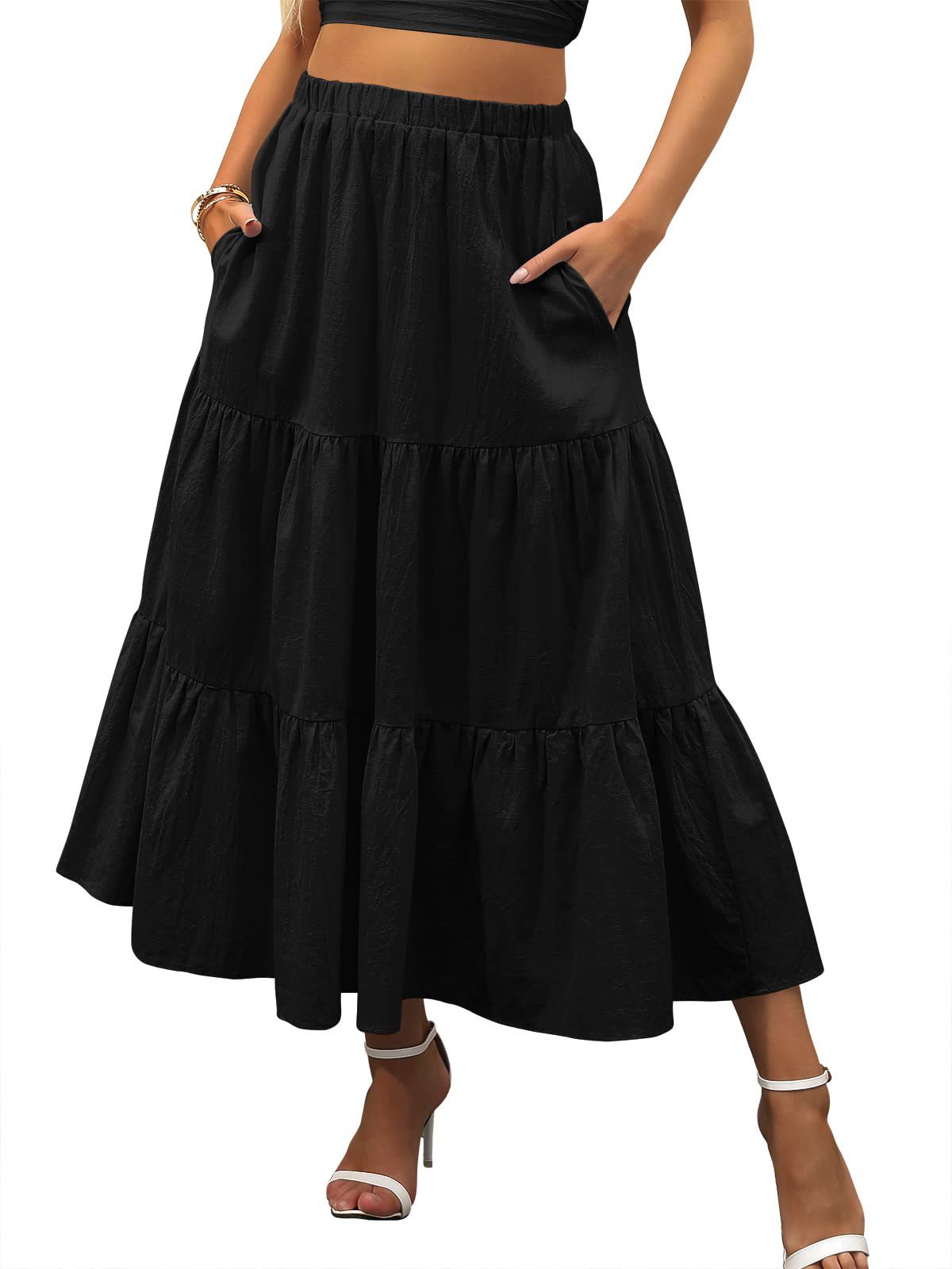 Picture of Amazon Women's Summer Bohemian Pleated A-Line Flowy Swing Layered New Skirt with Pockets