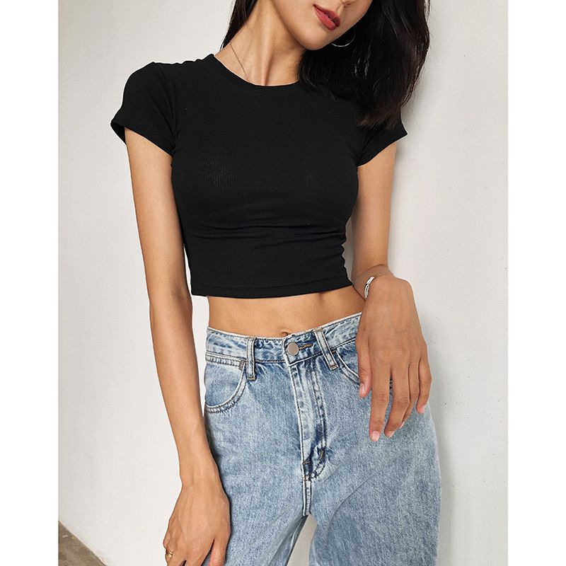 Picture of Summer ins trendy super hot shoulder short-sleeved T-shirt women's slim fit slimming inner base high waist sexy short navel top