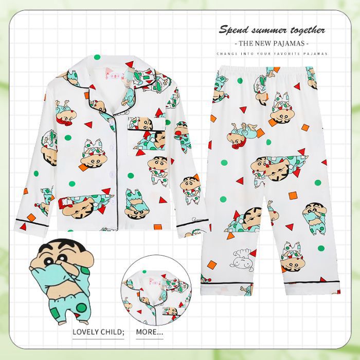 Picture of Children's Pajamas Spring and Autumn Cute Cartoon Boys and Girls Lapel Cardigan Long Sleeve Trousers Children's Home Clothes