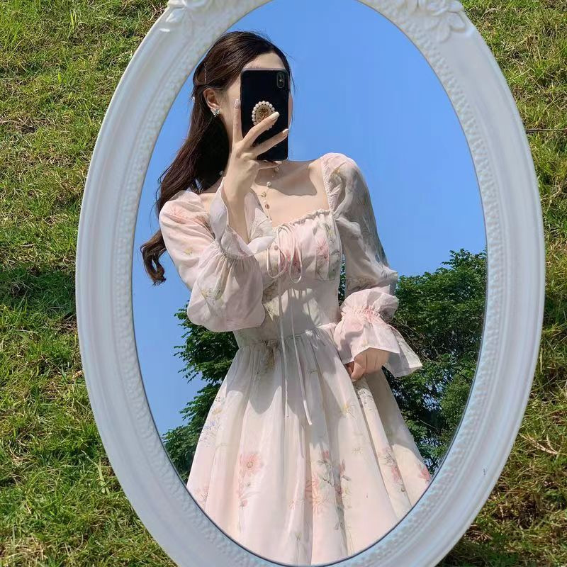 Spring and Summer New Beautiful Long-sleeved Chiffon dress Fairy Super Fairy Mori Style Gentle Style Tea Break French First Love Dress