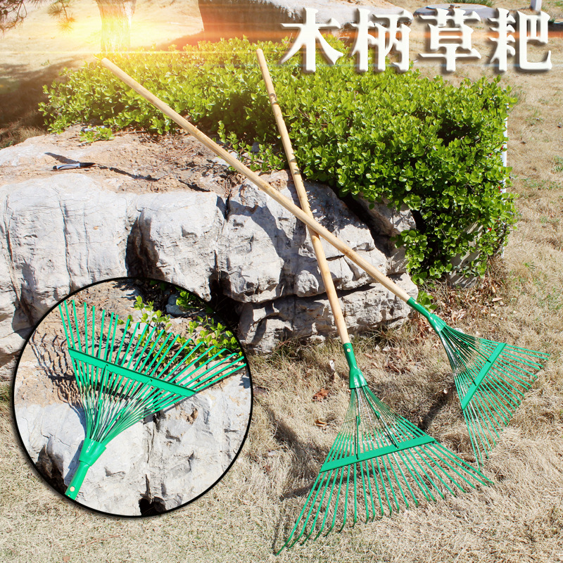 Factory wholesale garden tools wooden handle gardening rake 22 flat tooth wooden handle fan leaf rake flat wire rake