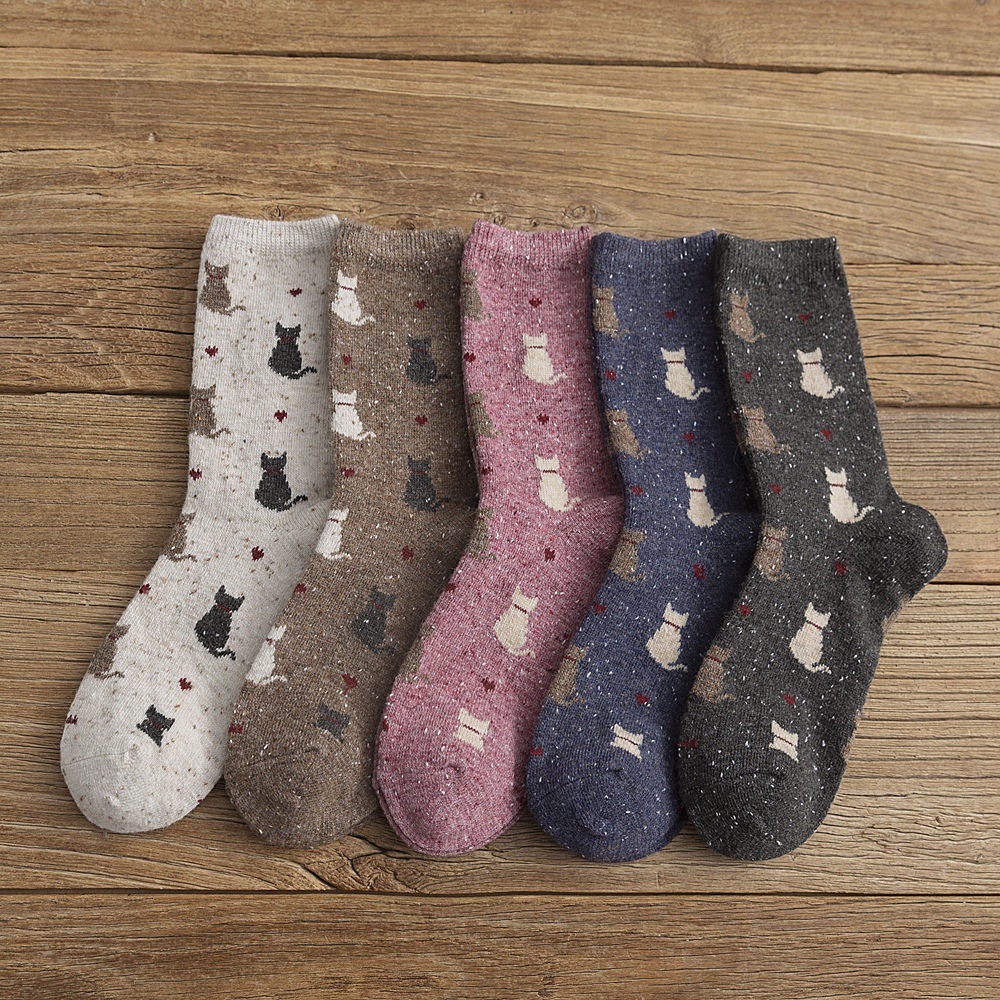 Socks Women's Autumn and Winter Women's Socks Mid-Tube Thickeneded Wool Yarn Cat Cartoon Anime Back Cat Japanese Style Korean Style Socks