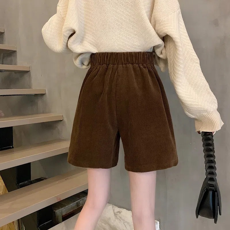Picture of Autumn and Winter Corduroy Shorts for Women Plus Size Fat m Elastic High Waist Slim Outer Wear A-Line Wide Leg Pants Black Casual Boot Pants
