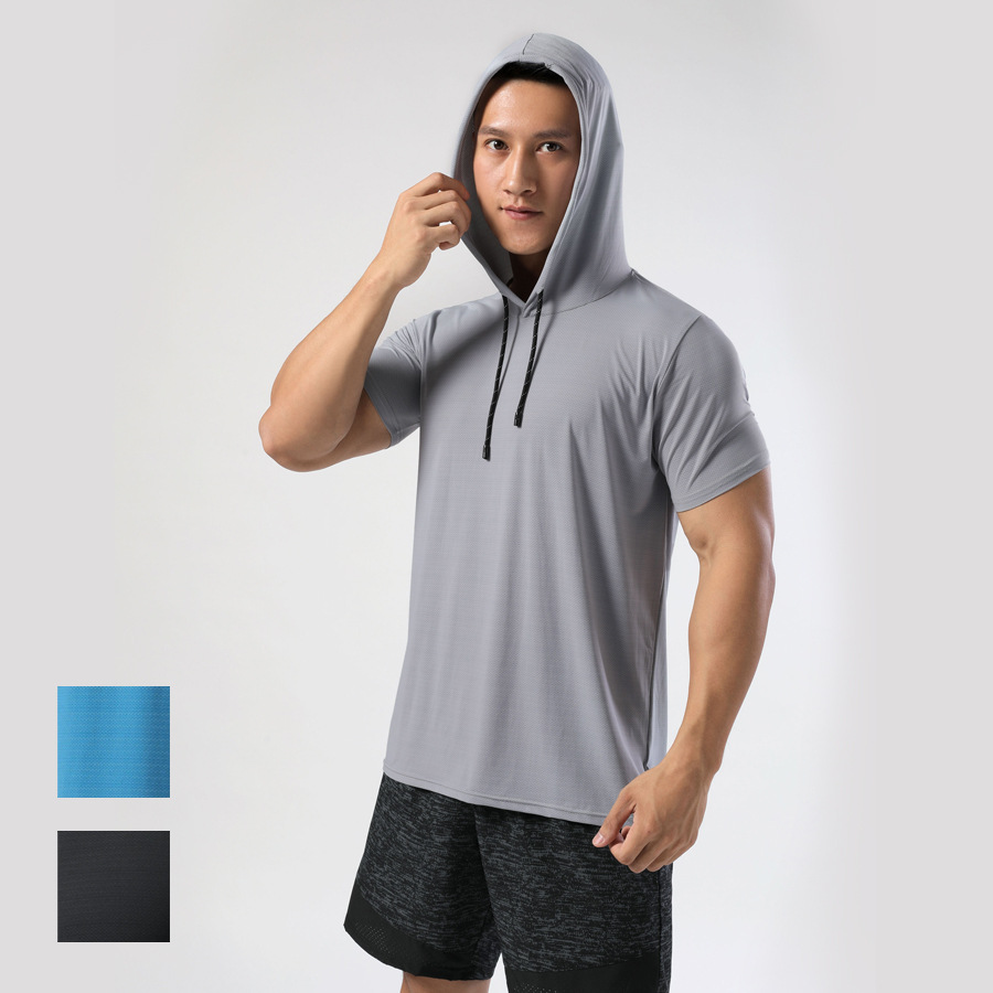 Sports Hooded T-Shirt Men's Summer Tops Fitness Running Training Short-Sleeved Ice Silk Elastic Quick-Drying T-Shirt Quick-Drying Elastic