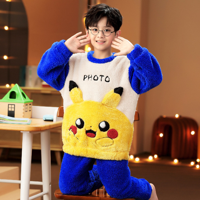 Picture of Autumn and Winter Plush Children's Pajamas Boy's Cute Cartoon Thickened Warm Coral Fleece Children's Home Clothes
