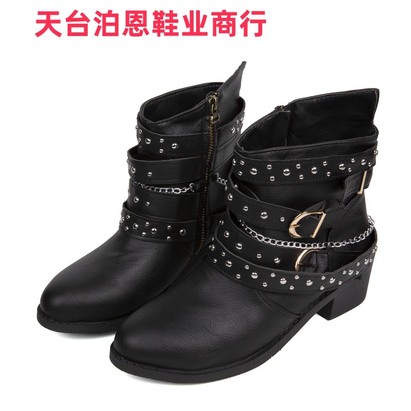 Picture of Cross-border foreign trade in-stock 2025 side zipper round toe double chain square heel PU European and American women's ankle boots autumn and winter new ankle-length boots