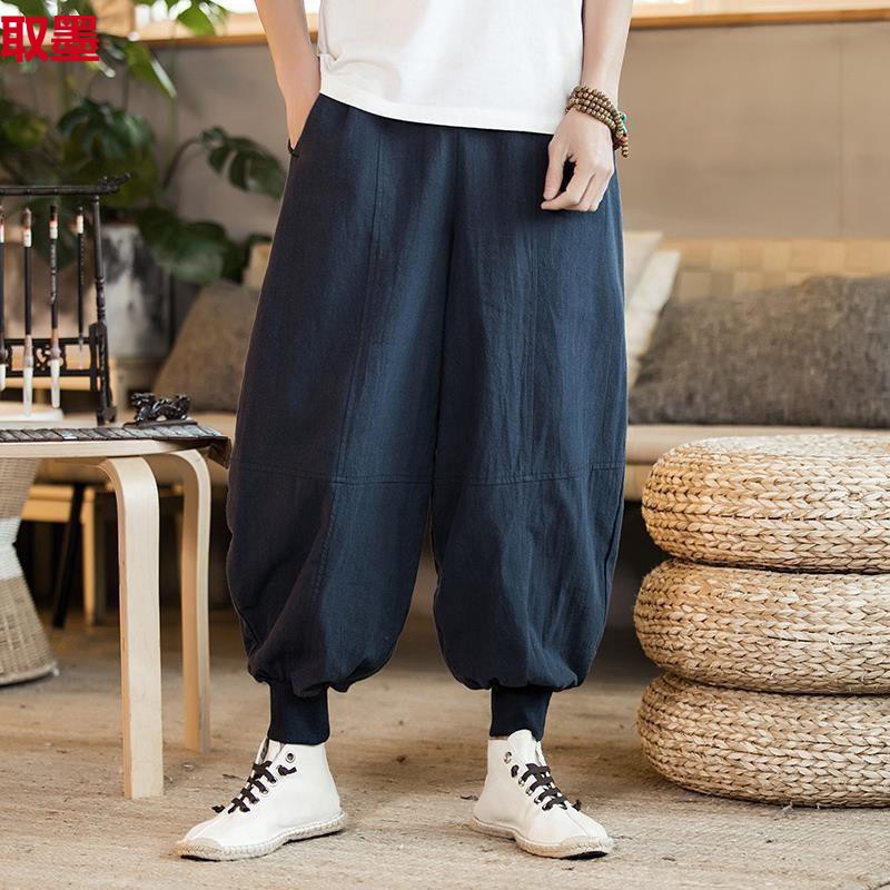 Fat Man Plus Large Size Pendant Wide Leg Pants Chinese Style Nine-point Loose Linen Pants Bundle Foot Bloomer Pants Harlan Pants