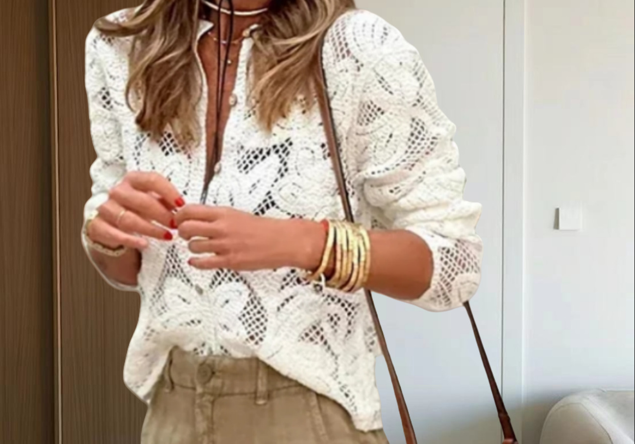Picture of European and American Cross-border AliExpress Amazon 2024 Spring Fashion Elegant White Round Neck Hollow Embroidered Top for Women