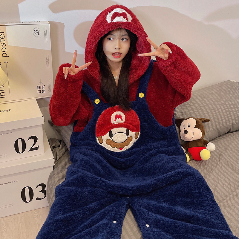 One-piece pajamas winter women's fleece-lined thickened coral fleece cute cartoon Mario Super Mary couple homewear