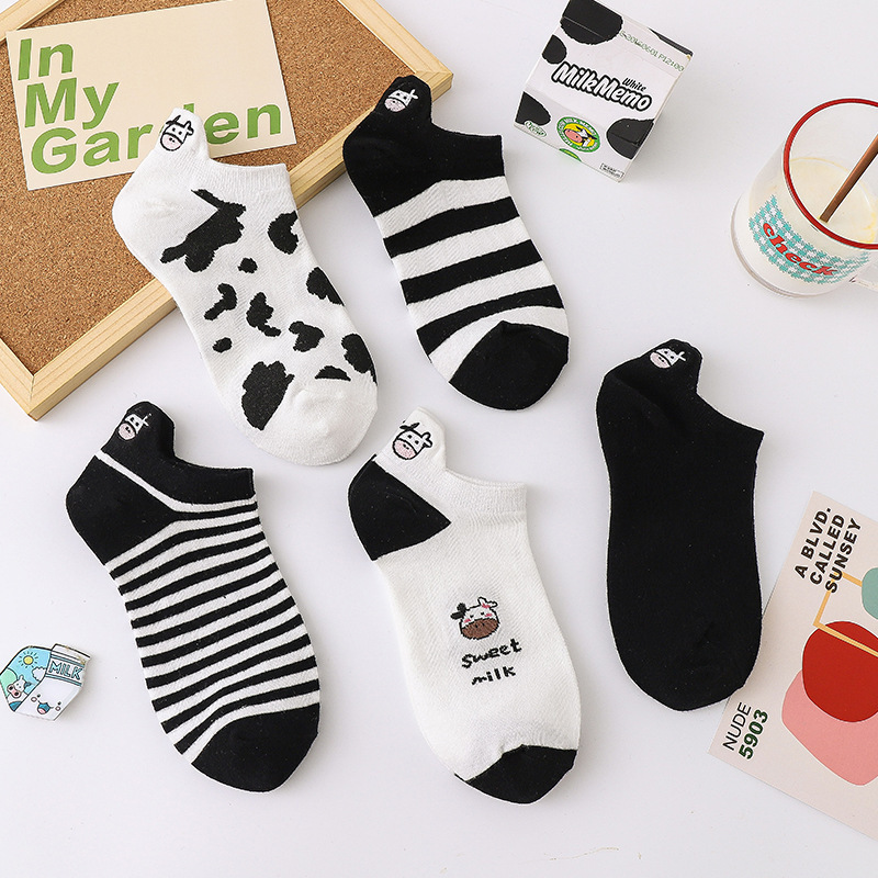 Trendy Socks Women's Boat Socks Cotton Line Shallow Mouth Low Heel Embroidered Korean Cute Japanese Style Korean Style Spring and Summer Thin Short Socks