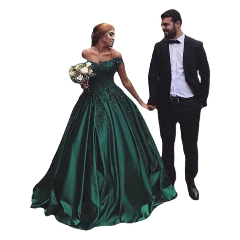 Satin lace flower high waist off-shoulder V-neck mop dress bridal outdoor dress show host dress
