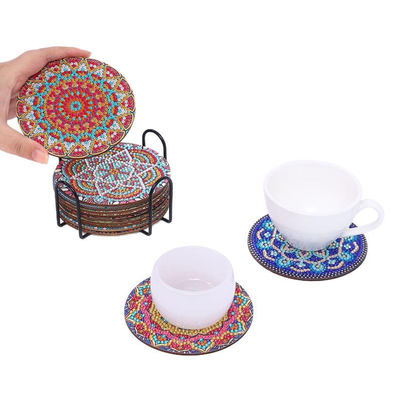 Amazon Best Selling 5D Handmade DIY Wooden Dot Diamond Insulated Anti-Slip Diamond Painting Mandala Coaster with Stand