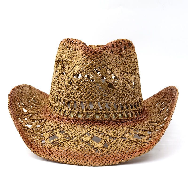 Picture of European and American Retro Western Cowboy Hat Sunscreen Hollow-out Jazz Hat Cross-border Malan Flower Windproof Rope Denim Straw Hat