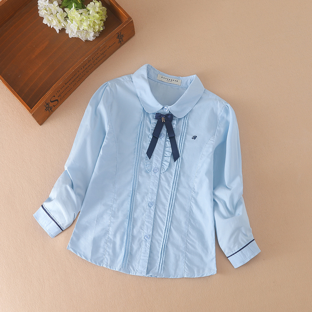 Picture of Spring and Autumn Baby Tops Korean Big Children's Bow Children's Clothing Short-Sleeved Cotton Long-Sleeved Lapel Girls' Shirts Pure Color