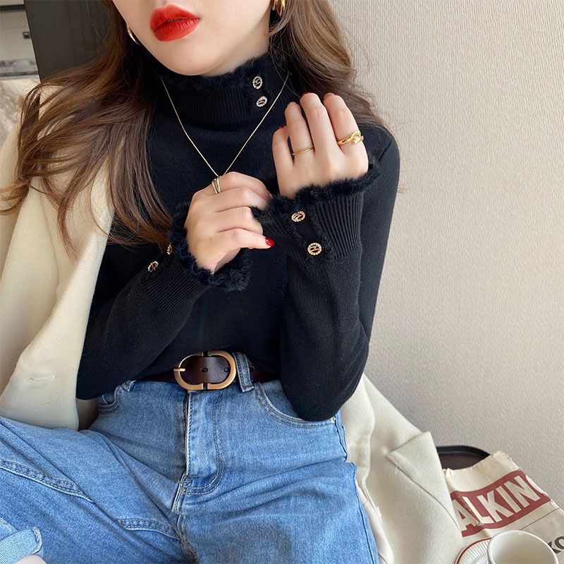 Picture of One-Piece Velvet Sweater for Women, Warm Inner Wear, 2024 Autumn and Winter Design, Western-Style Bottoming Shirt, Thick Velvet Half Turtleneck Top