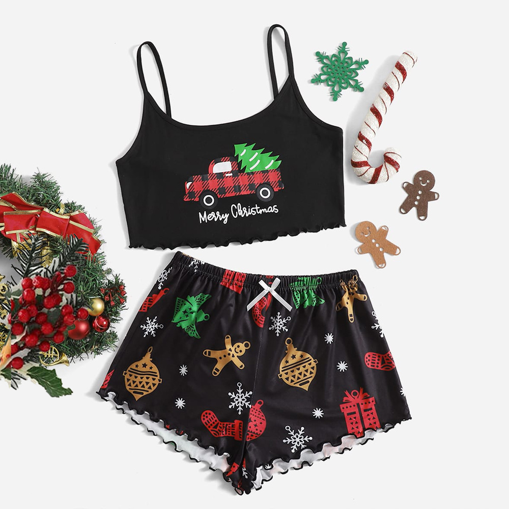 Summer Sexy Women's Christmas pajamas Camisole Shorts Snowflake Fawn Home Suit Two-piece pajamas