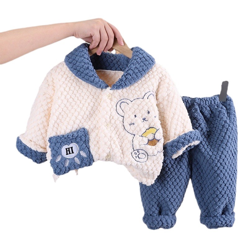 Boys' Pajamas suit Winter Particles Velvet Children's Bear fleece-lined Boys' Coral Velvet Double-Layer Thickened Home Clothes