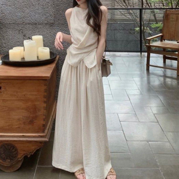 French-Style Sleeveless Waist-Cinching Tie Top Women's Summer Trendy New Elastic Waist Loose Casual Pants Skirt Set
