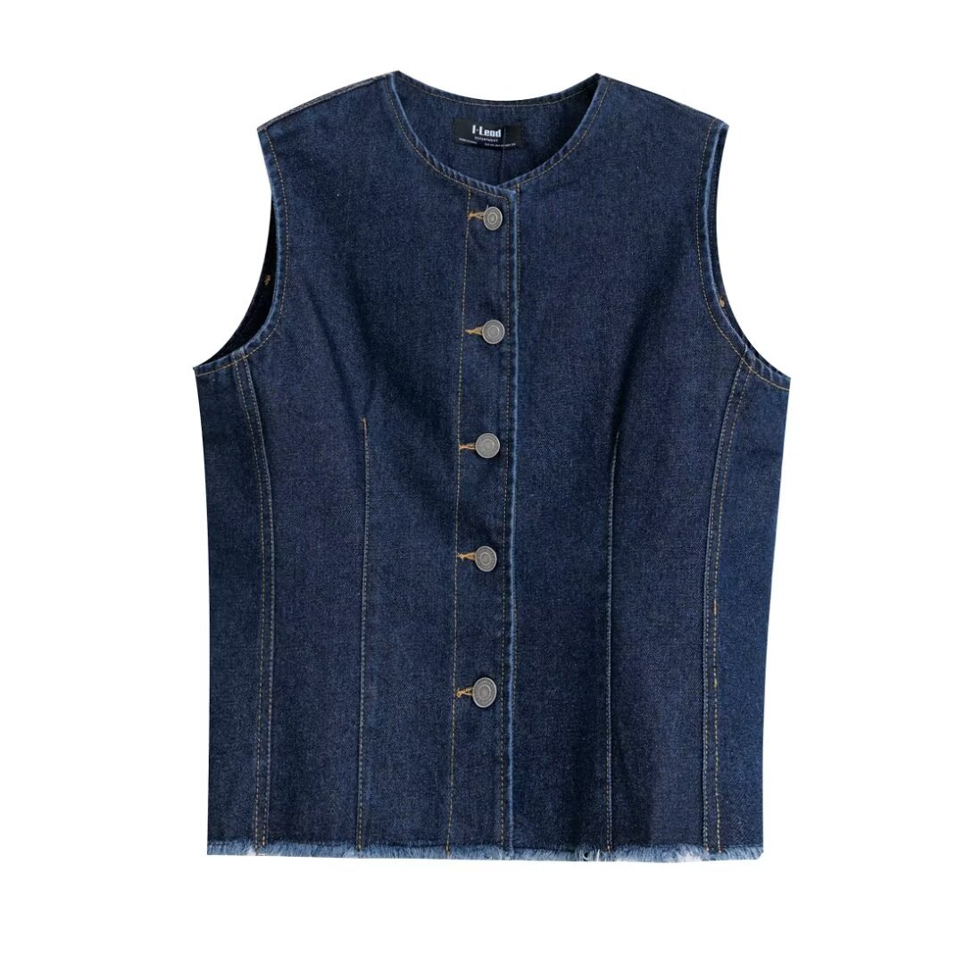 Picture of New Women's Raw Edge Navy Blue Sleeveless Vest Casual Round Neck Cardigan Women's Vest European and American Style Cross-Border