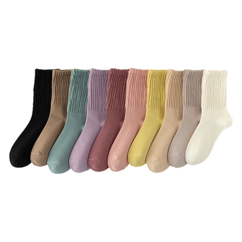 Autumn and Winter pile socks women's mid-calf socks breathable solid color boneless cotton socks Japanese style all-match Morandi sweet pleated tide
