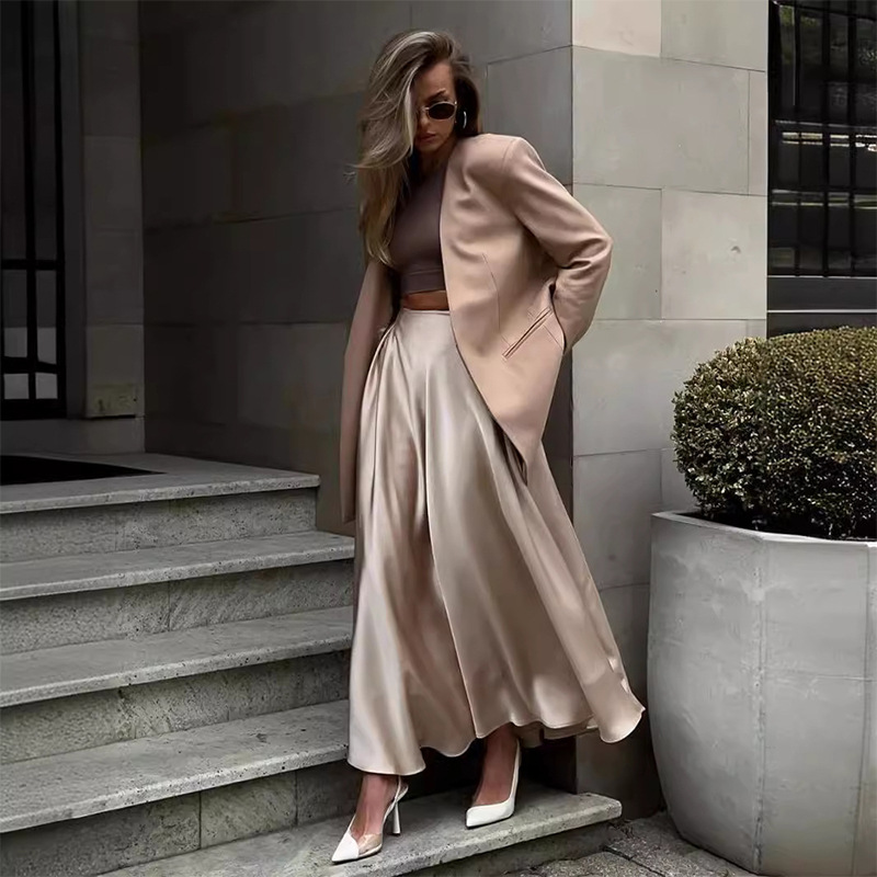Women's European and American 2024 Spring and Autumn New Elegant Elegant High Waist Satin Satin Long Skirt