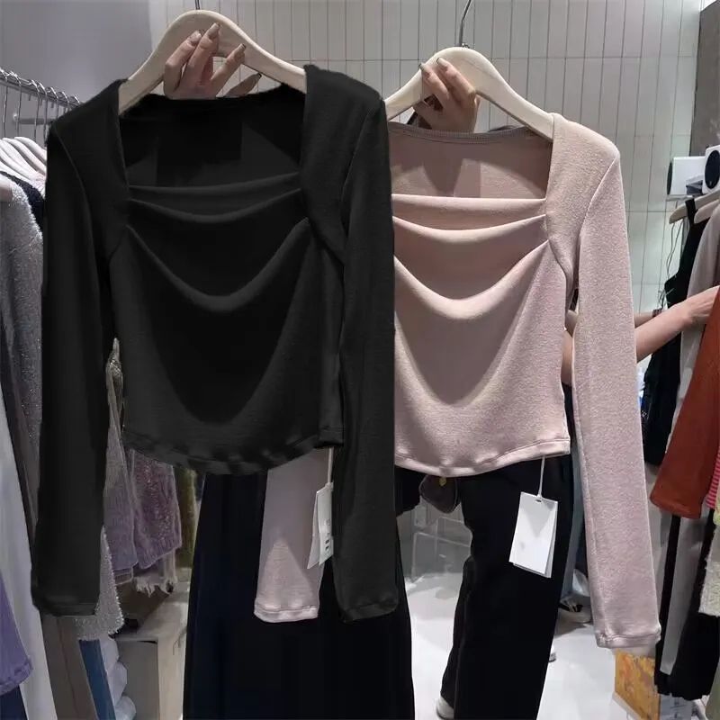 Super soft waxy double-sided velvet bottoming shirt autumn and winter new design sense square collar leak clavicle slim slim sanding top