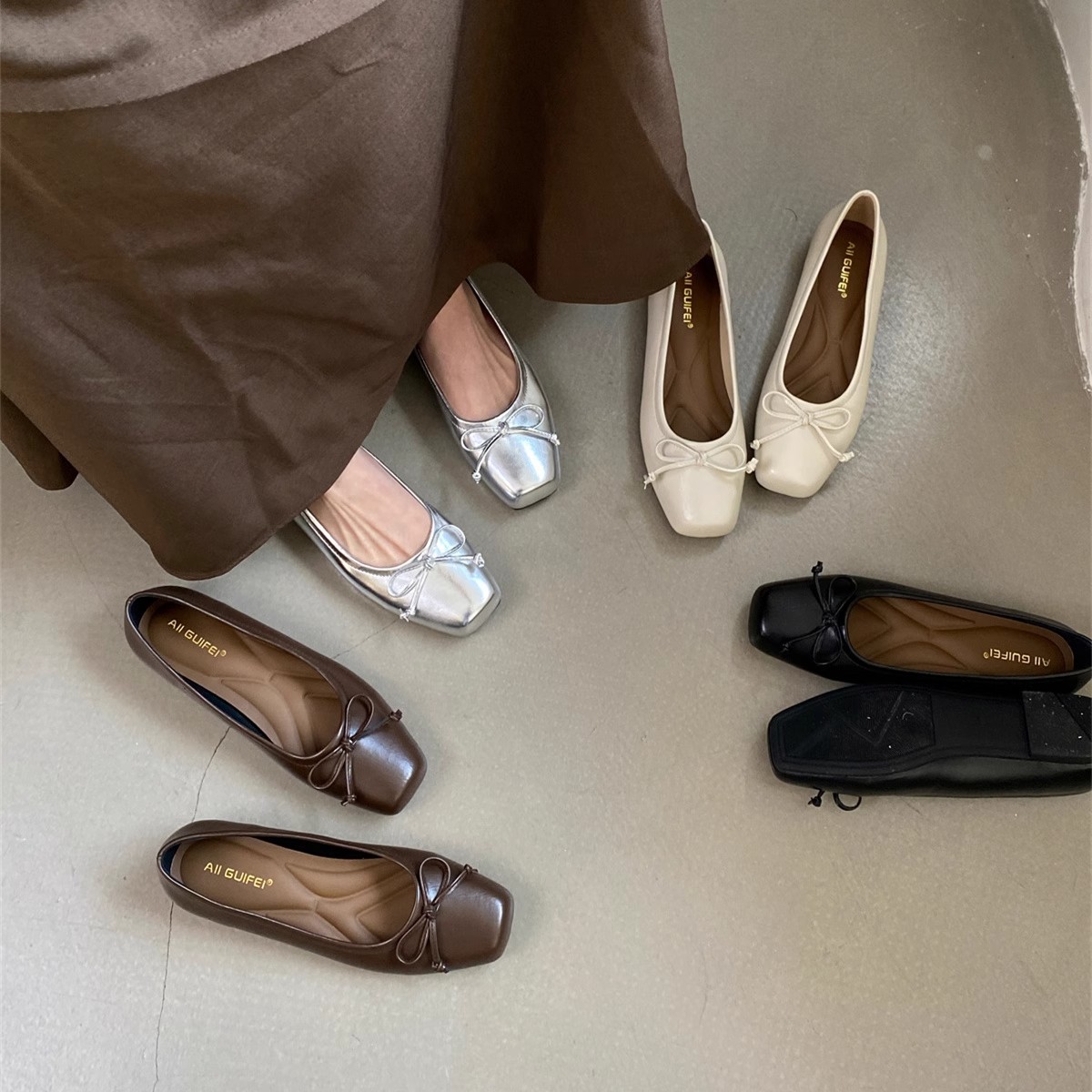Fairy Style Gentle Shoes Women's Spring/Summer 2024 New Arrival Bow Square-toed Flat Single-layer Shoes silver Shallow-vat Peas Shoes