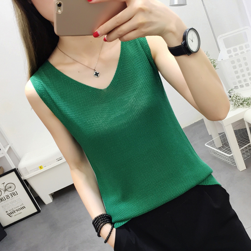 Black and White Outer Wear Knitted Small Vest Spring and Summer New Loose Cotton and Linen Small Strap Base Shirt Sleeveless Top