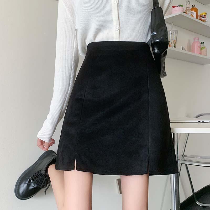 Autumn and Winter Solid Color Split Deerskin Fleece Skirt plus size Slim A- line Hip Skirt Korean-style All-match Black Short Skirt for Women