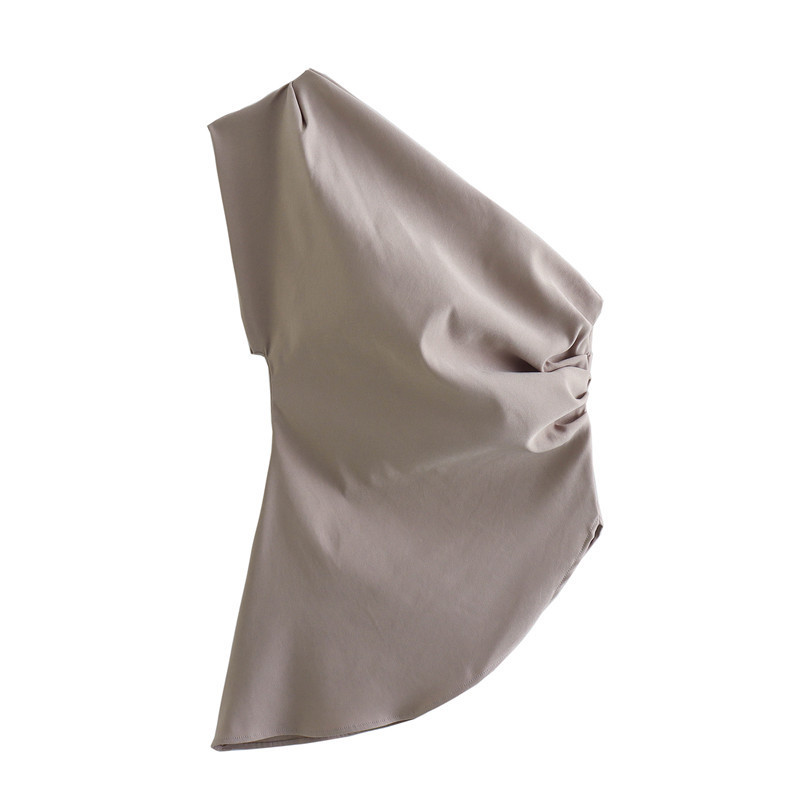 Picture of Amazon Foreign Trade Wholesale 2024 Spring and Summer New Women's Clothing Sexy Solid Color Asymmetrical Pleated Top for Women