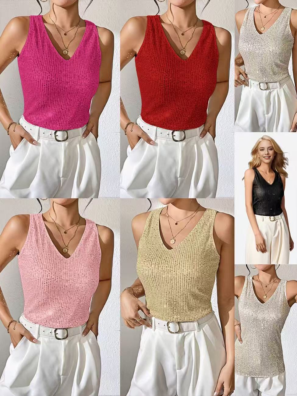 2025 spring and summer Europe and the United States cross-border new sexy V-neck loose sequin T-shirt outside wear inside women's small vest
