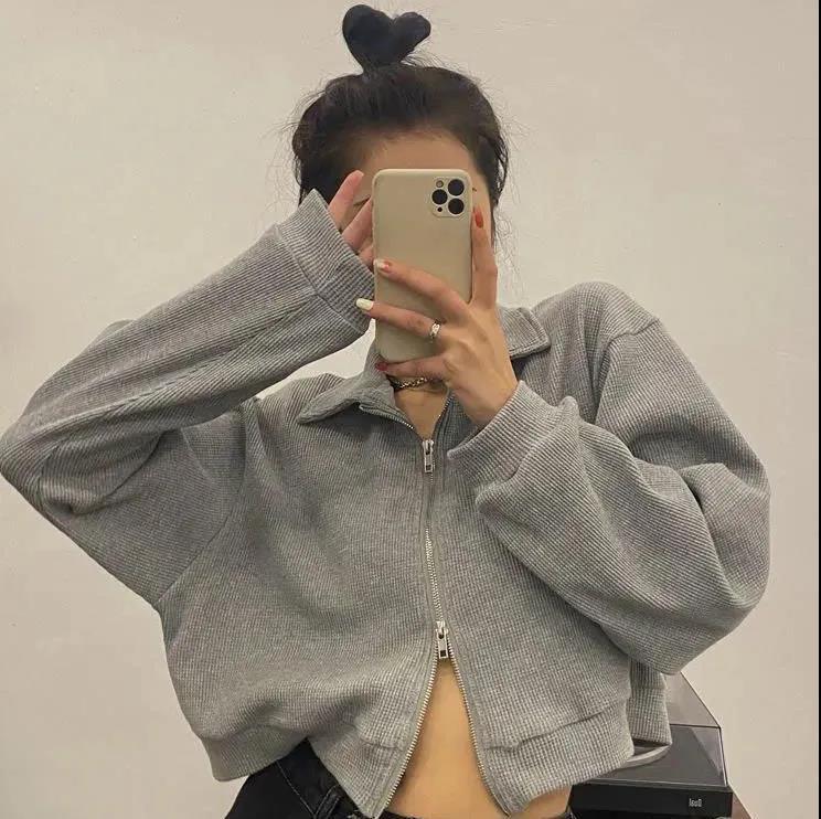 Zipper Sweatshirt Coat Polo Collar Short Shoulder Top for Female Students Spring and Autumn New Loose Harajuku Style Ins Trendy