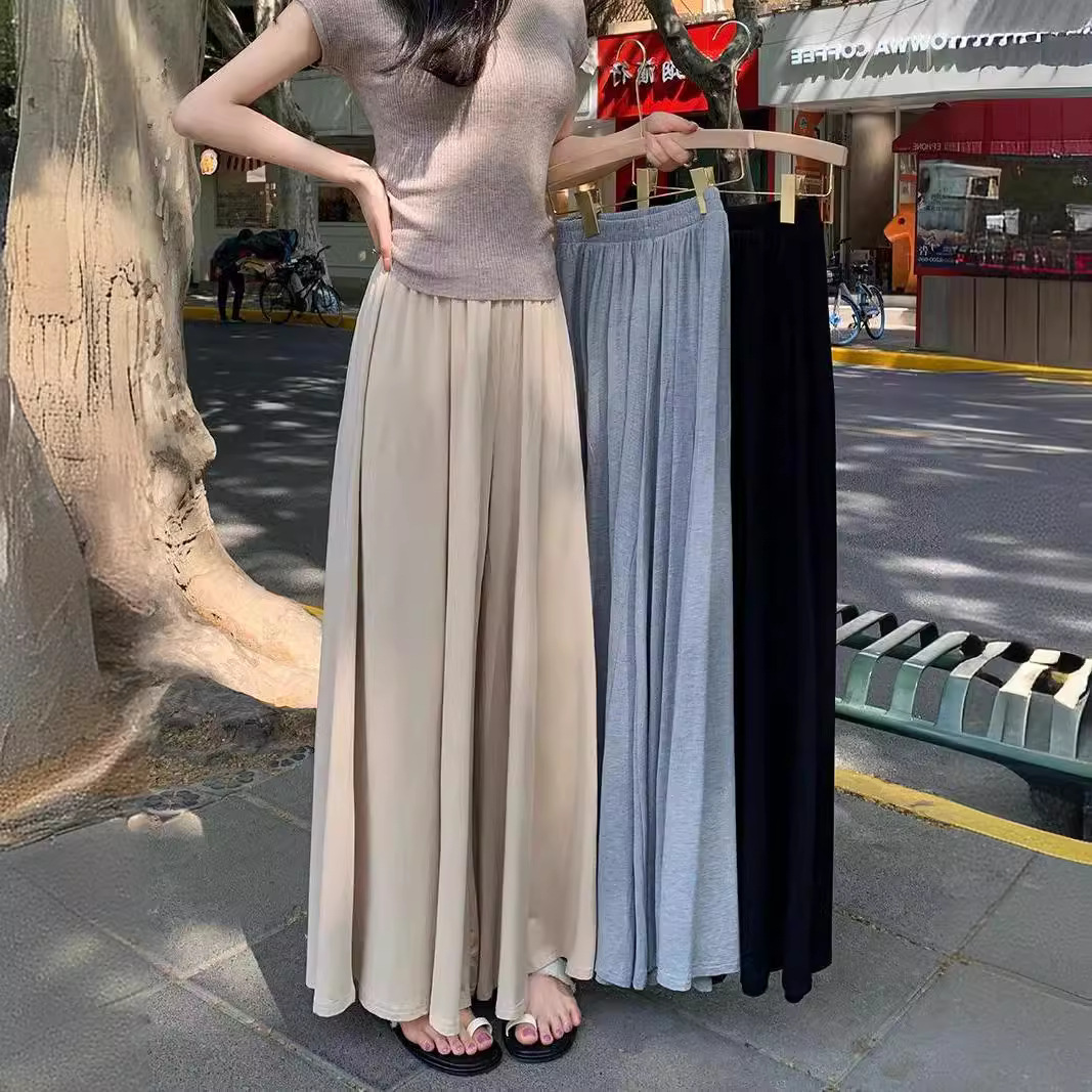 High-Waisted Wide-Leg Culottes for Women Summer Korean Style 2024 New Slim and Versatile Loose Pure Color Casual Long Pants