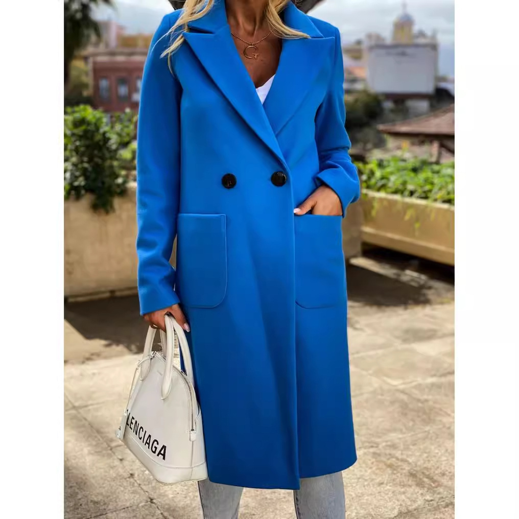Picture of Ebay AliExpress wish Explosions Europe and America Best Selling Candy Color Lapel Long Coat Woolen Coat Windbreaker Women