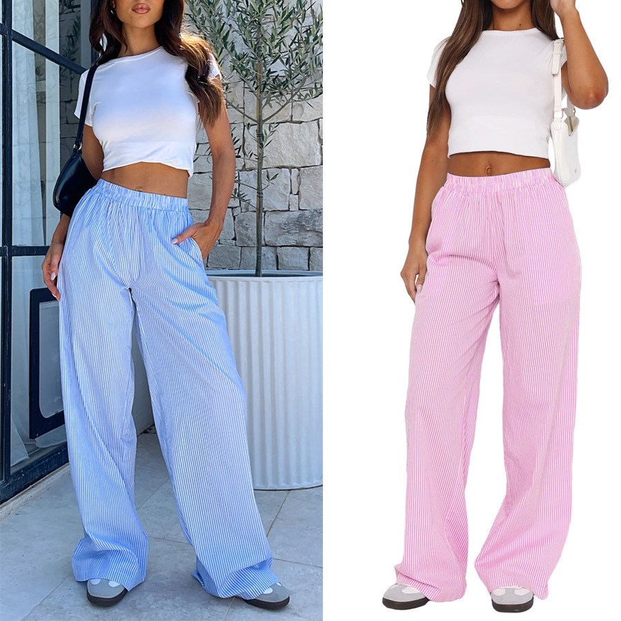 2024 New Amazon Women Striped Wide Leg Pants Casual Street INS Fashion Loose High Waist Pants