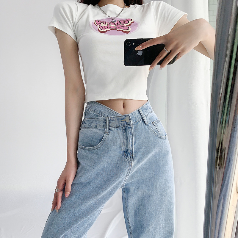 Picture of Straight Leg Jeans Women's New Summer Chic High Waist Design Cross Waist Loose Wide Leg Dipped Trousers