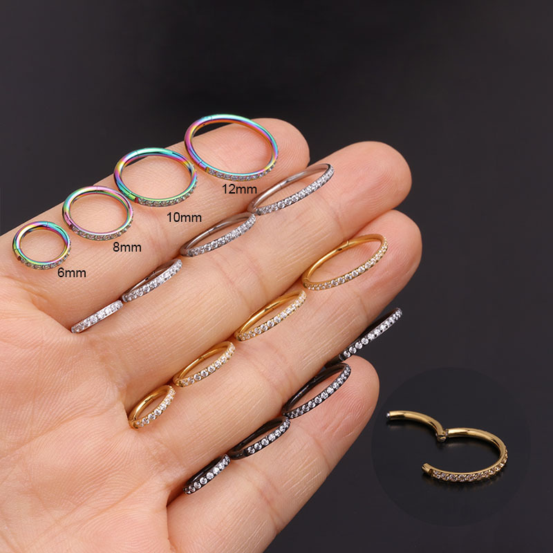 European and American pure stainless steel open ring round inlaid zircon earrings women's fashion piercing ear buckle Foreign Trade Personalized Jewelry