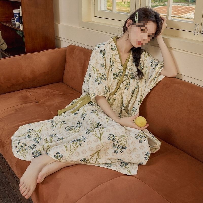 Dressing gown women's spring and autumn new cloud cotton sense Monet garden long nightdress pajamas bathrobe loungewear hot sale