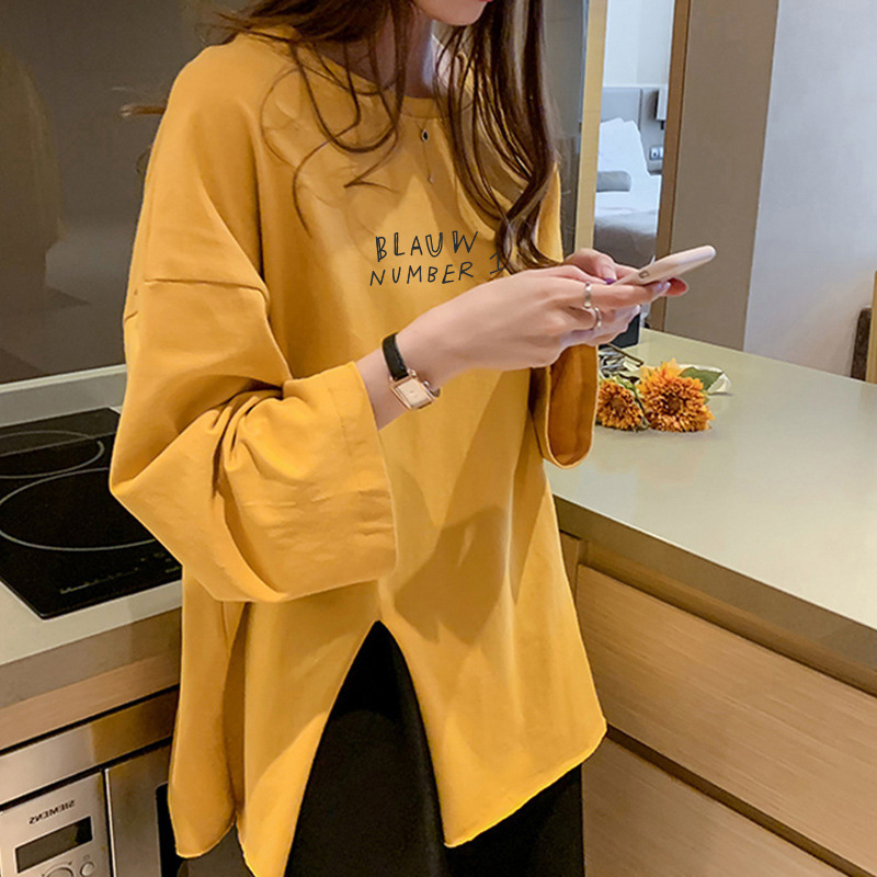 Picture of Plus Size Women's Clothing 2025 New Autumn K-Style Loose Design Slit T-Shirt Long-Sleeved Women's Top Mid-Length Export