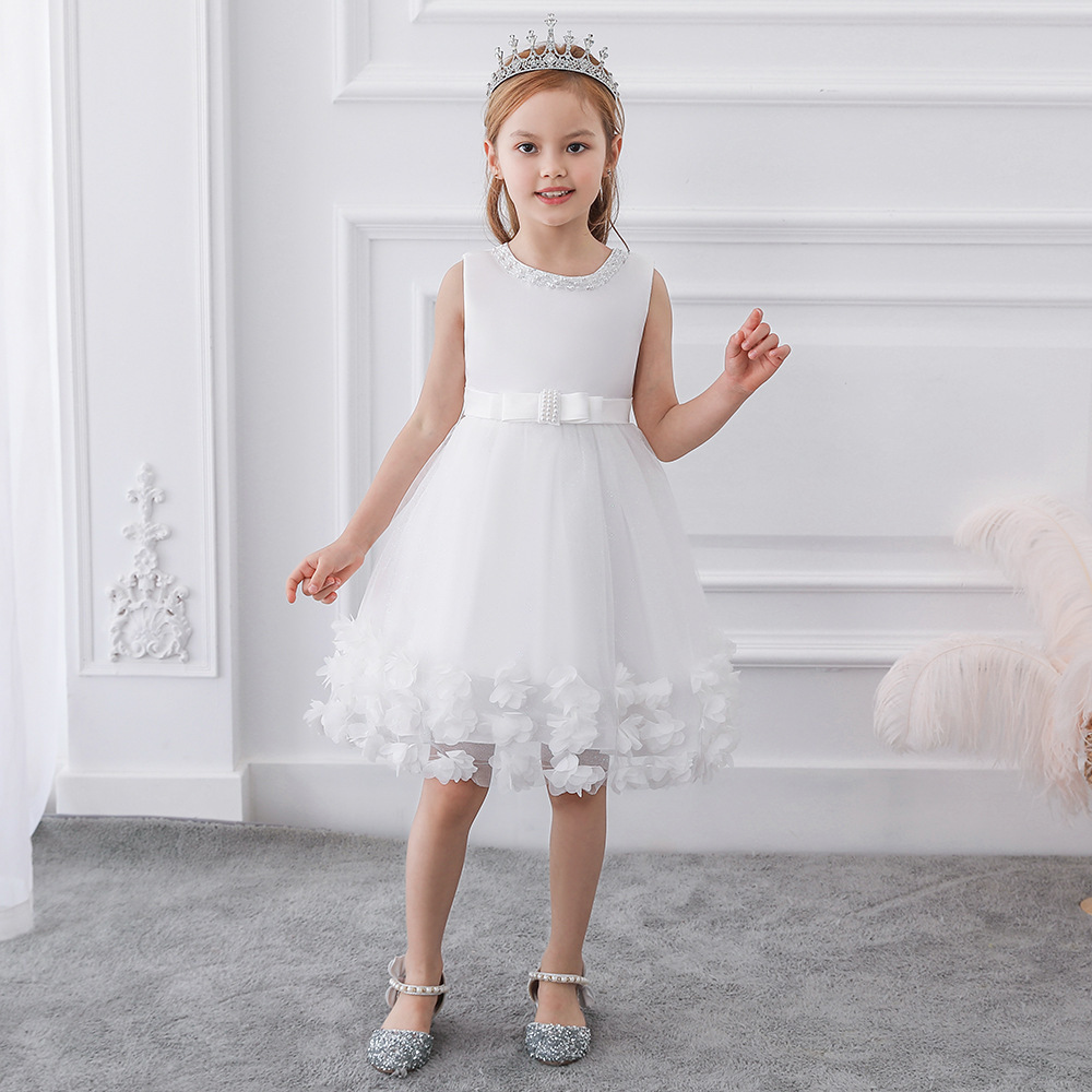 Amazon Children's Dress Lace Wedding Dress Princess Dress Mesh Beaded Sleeveless Girl's Dress