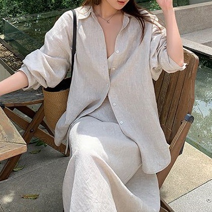 Picture of Casual suit Women's 2025 Fashion Lapel Loose Long-sleeved Shirt Spring and Autumn All-match Half-length Dress Two-piece Set