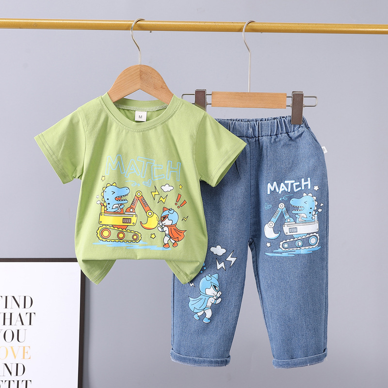 Picture of Summer 2024 new 0-5 years old children's suit cartoon car animal crew neck short sleeve jeans two piece cotton