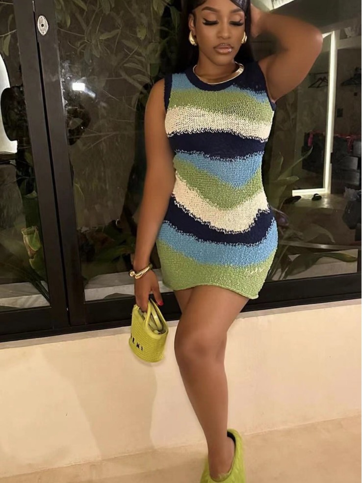Picture of European and American 2024 Spring and Summer Foreign Trade Women's New Sexy Sleeveless Contrast Color Knitted High Waist Slim-fit Short dress