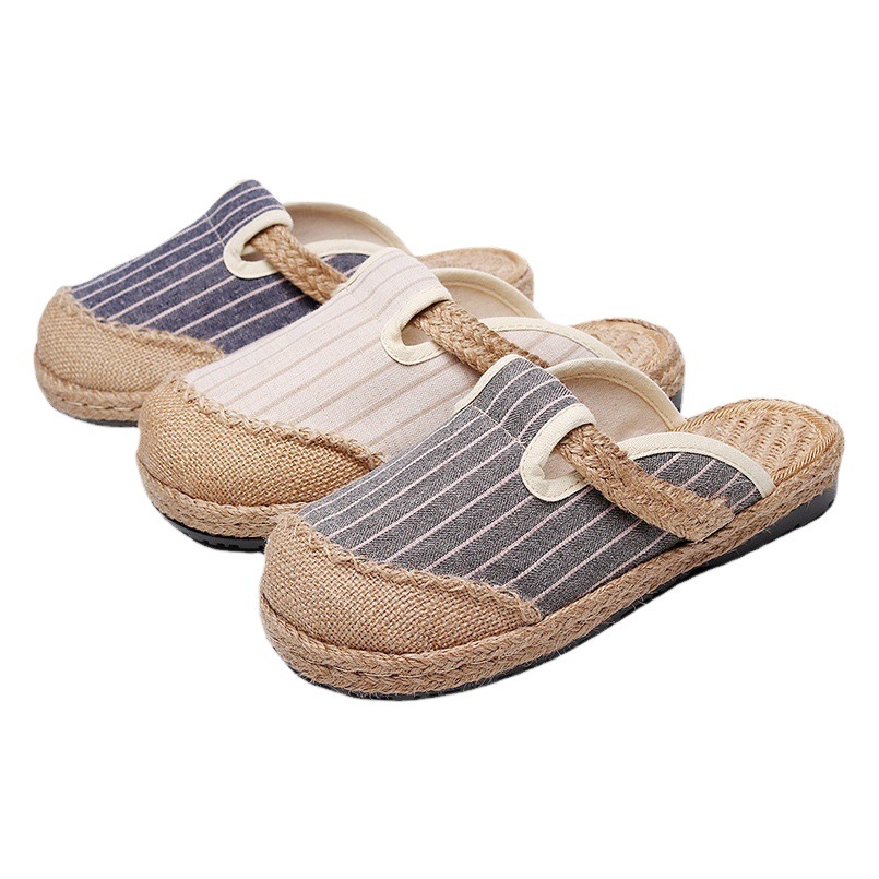 Picture of 2025 new vertical strip home cotton and linen embroidered shoes women's non-slip tpr soft bottom slippers handmade big toe shoes