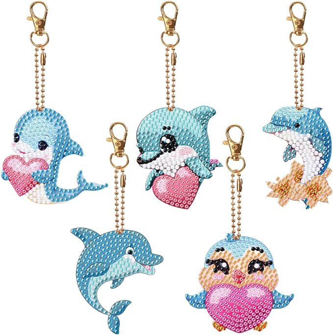 5D5D Dolphin 5 Pack DIY Diamond Painting Keyring Double Sided Diamond Painting Keychain Pendant Gift Large Quantity